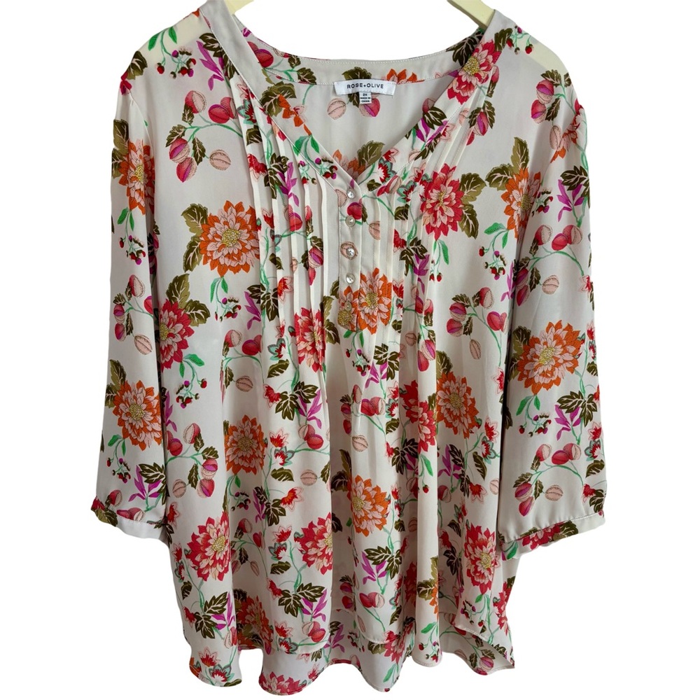 Rose & Olive Ivory Spring Floral Pleated V-Neck Sz 2X Blouse Lightweight